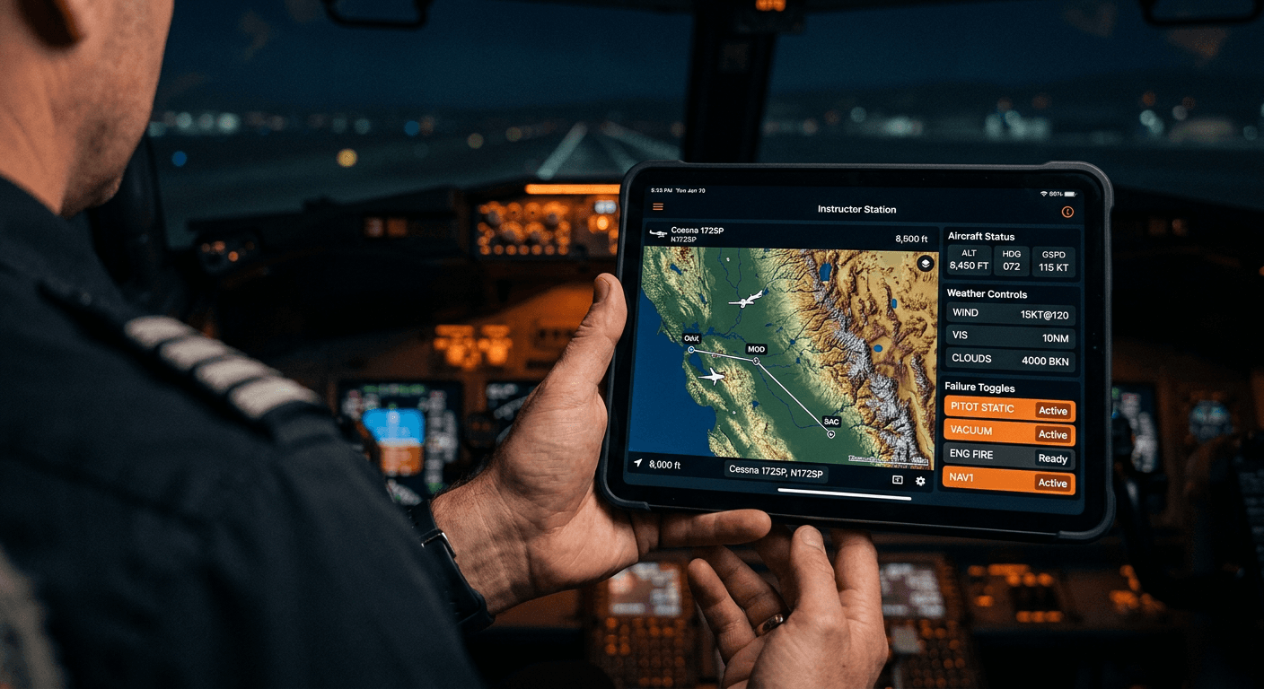 Flight instructor holding an iPad running the instructor station with a live moving map